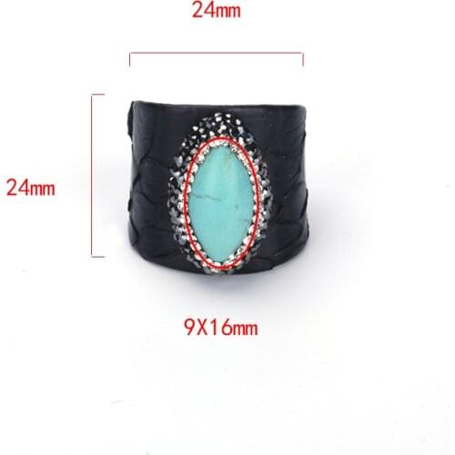 1pcs 2021 Hot Sale Blue Howlite Turquoises Bead Pave Rhinestone Charms Black Real Snake Leather Adjustable Women Open Ring Cuff