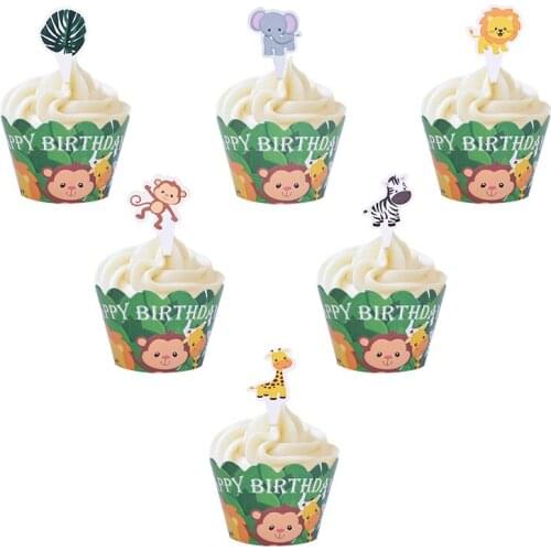 24pcs/set Cartoon Animals Cake Wrappers Monkey Lion CupCake Toppers Baby Shower Jungle Theme Birthday Party Xmas Decor Supplies