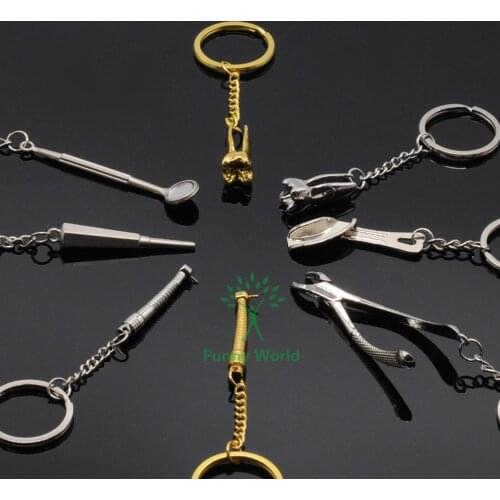 New 8pcs Dental Lab Mixed Keychains Forcep Mirror Handpiece Tooth Impression Tray