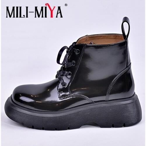 MILI-MIYA High Quality Women Patent Leather Ankle Boots Round Head Platform Thick Heels Autumn Lace Up Motorcycle Casual Shoes