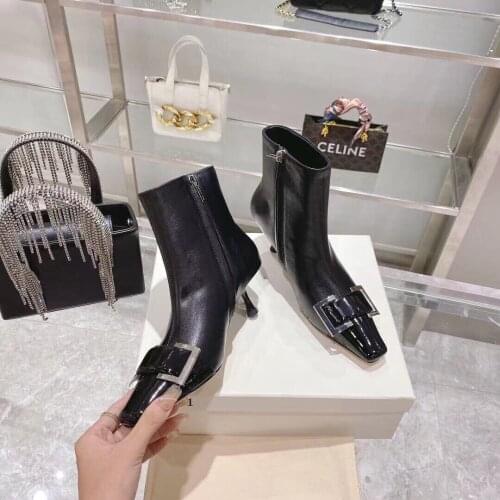 21 Newest Winter Shoes Woman Mature Patent Leather Ankle Boots Woman Square-Toes Thin Heels Boots Woman Metal Decora Boots Woman