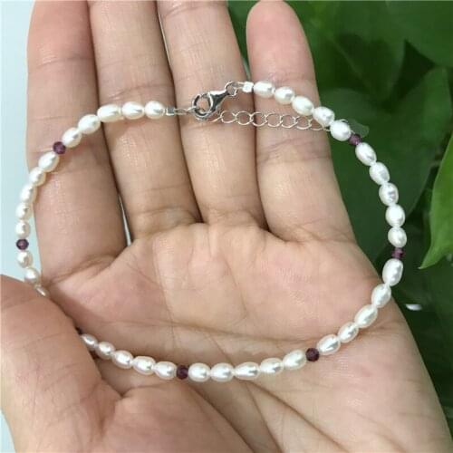 Natural freshwater white pearl grain shape 3-4 mm Bracelet 7"925 Sterling Silver clasp +3cm