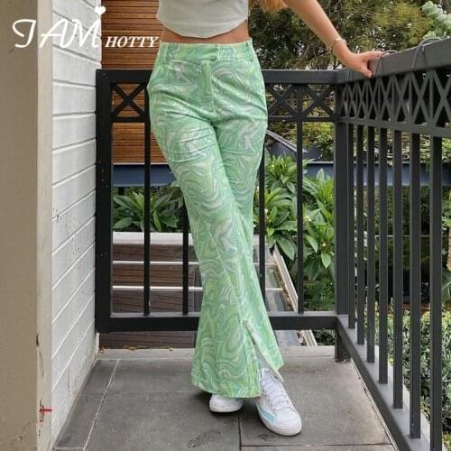 Y2k Tie Dye Paisley Green Oversized Flare Pants Women Harajuku Fashion High Waist Sweatpants Retro Split Wide Trousers Iamhotty