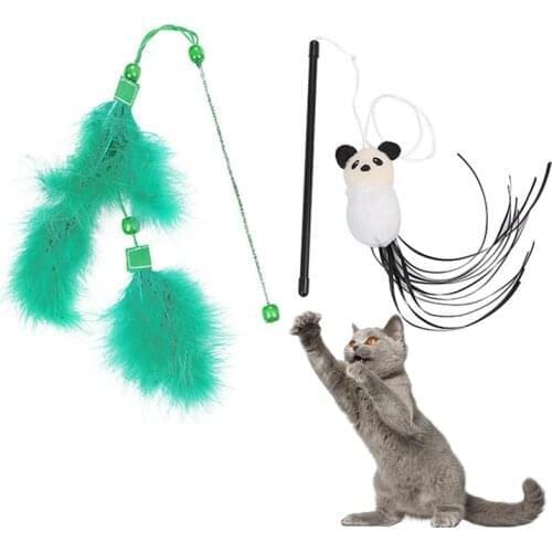 Cat Toys Interactive Cute Funny Cat String Teaser Faux Feather Soft Kitten Wand Stick Pet Wand Teaser Cat Accessories