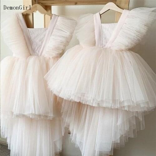Lovely Puffy Flower Girl Dress For Wedding Party High-Low Tiered Tulle Kid Princess Birthday Dresses Party Communion Gowns