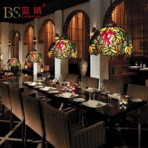Luminaria suspendida de vidriera barroco de Tiffany E27, lámpara colgante de cadena de hierro LED, lámpara de iluminación para