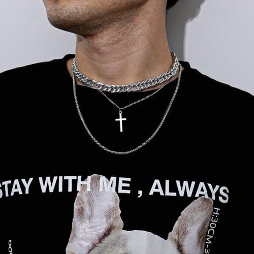 Hip hop Multilayer Chain Men Choker Necklaces Punk Silver Color Cross Pendant Necklaces For Women Men Jewelry Accessory kolye
