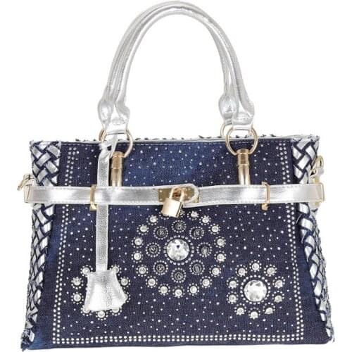 Fashion Square Womens Denim Shoulder Bag Handbag Fashion Elegant Rhinestone Top Handle Crossbody Bag Shoulder Bag