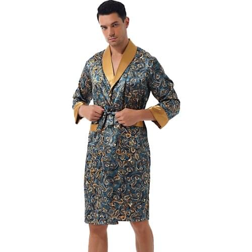 Mens Male Sleepwear Printed Satin Night Robe Nightwear Loungewear Long Sleeve Pockets Kimono Spa Bathrobe with Belt