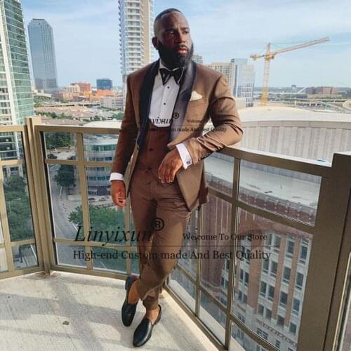 Brown Men Suits 3 Pieces Jacket Pants and Vest Shawl Lapel Formal Tuxedos Wedding Bridegroom marriage Blazers costume homme