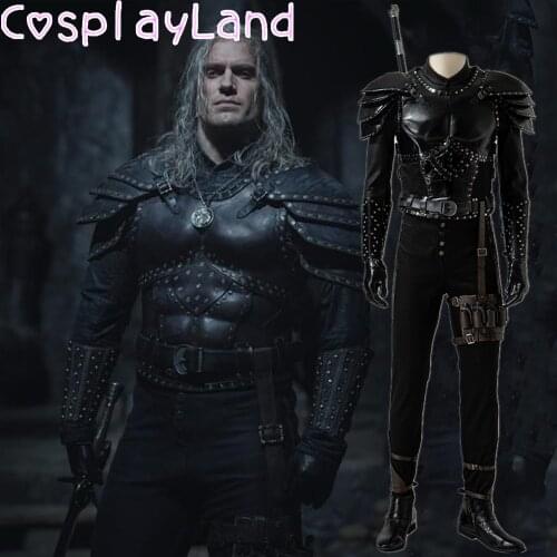 Men Witcher Cosplay Costume Adult Superhero Wizard Armour Outfit Black Leather Sorcerer Hunter Suit Halloween Carnival Costumes