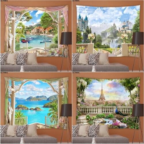 Window Landscape Tapestry Natural Scenery Hippie Background Wall Hanging Tapestries Bedroom Garden Tablecloths Home Decoration