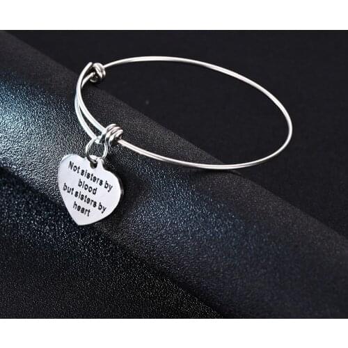 Not Sisters By Blood But Sisters By Heart Stainless Steel Heart Charm Bangle Bracelet Women Friend BFF Hand Bracelet Jewelry