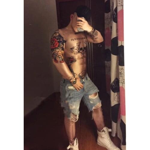 Nightclub bar male dancer Sexy cool 3D muscle Tattoos Tights jumpsuits DJ singer stage dance wear party show half suit set