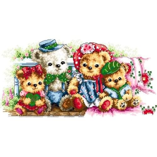 High Quality Gold Collection Counted Cross Stitch Kit Christmas Teddy Bear Gathering Family Bear A row of Love