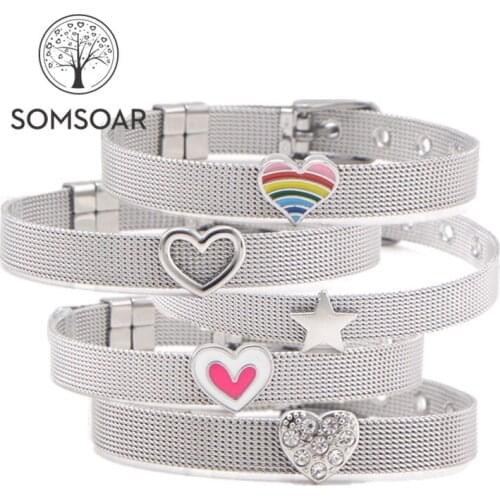 Dropshipping Somsoar Jewelry Love & Heart Slide Charms Silvering Stainless Steel Mesh Bracelet Bangles as Valentines Day gift