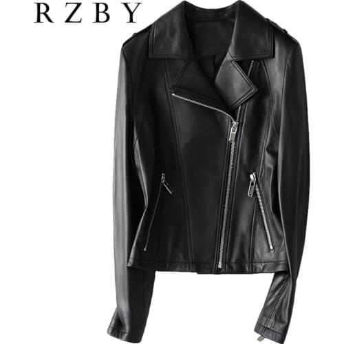 2021 Women Spring Real Sheepskin Jacket Long Sleeve Slim Zipper Genuine Leather Coat Ladies Streetwear Casual Harajuku RZBY312