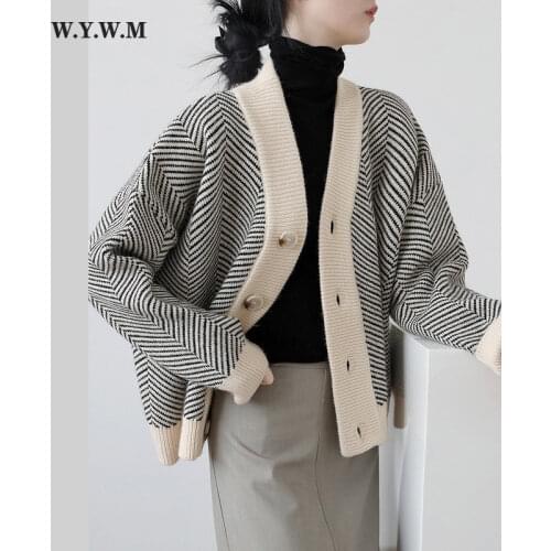 WYWM 2021 Fall Striped Knitted Cardigans Sweater Women Vintage Korean Chic Long Sleeve Coat Fashion Streetwear Loose Female Tops