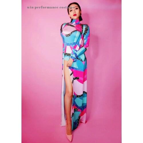 Customize bodysuit tight liripoop long cloak strech tight colorfulstand colar long sleeve party model show bar dj singer dancing