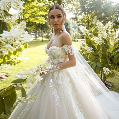 Aedmgh Ball Gown Wedding Dresses 2021 Sweetheart Off The Shoulder Chapel Train Vestido De Novia Romantic Appliques Bridal Gowns