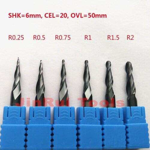 Jerray 1pc R0.25/R0.5/R0.75/R1/R1.5/R2 6mm Shank 50mm HRC55 solid carbide Tapere Ball Nose End Mill CNC milling cutters knife