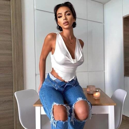 2021 Sexy Pleated Sleeveless Low-cut European And American Ins Bloggers Same Paragraph Crop Top T-shirt