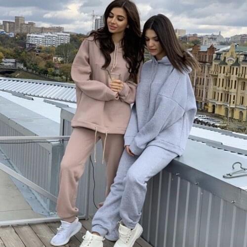2021 Spring Autumn Solid Color Casual Two Piece Sportwear Set Female Hoodie T Shirt Tops + Long Loose Pants Female Tracksuits