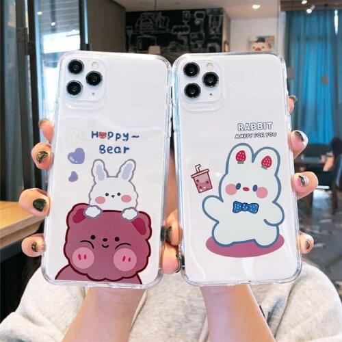 Lovely Rabbit Bear Animal Couple Phone Case For iPhone XR 11 12 Pro MAX XS X 7 SE2020 8 6 Plus Clear Soft Silicone Cover Fundas