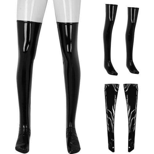 Fashion Mens Anti-skid Soft Wetlook Patent Leather Thigh High Footed Stockings Clubwear Costume Cosplay Accessory Roleplay Socks