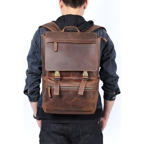 Crazy Horse Leather 15.6 Inch Laptop Backpack for Men Travel Backpacks Original Male School Bags Large Capacity Shoulder Bag