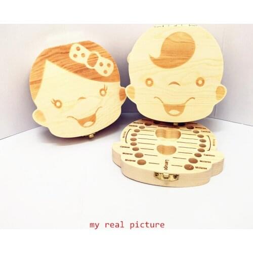 Wooden Baby Teeth Storage Box English Russian Spanish French Italian Kids Teeth Umbilical Lanugo Organizer Gift Keepsakes Save