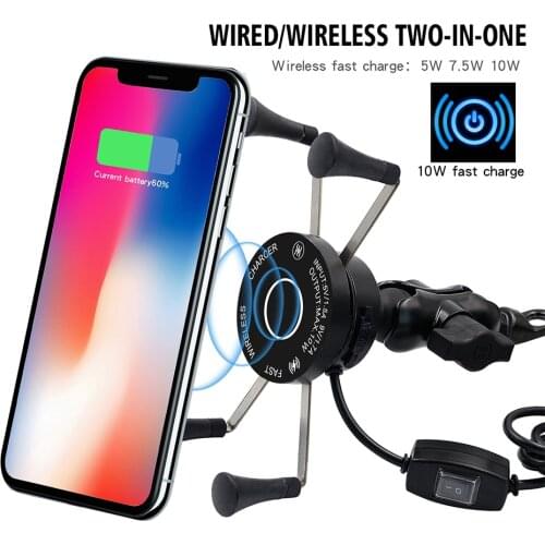 Motorcycle Phone Holder Two-in-one Charger Quick Charge 3.0 Wireless Fast Charge 360 Degree Rotation Motorcycle stand