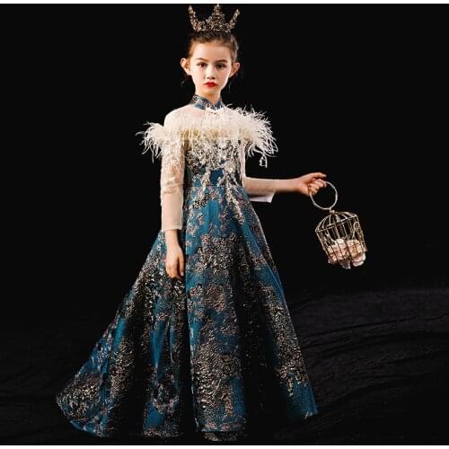 5-12 year children party princess dress girls model show charming evening dress piano costume wedding tail peacock feather dress