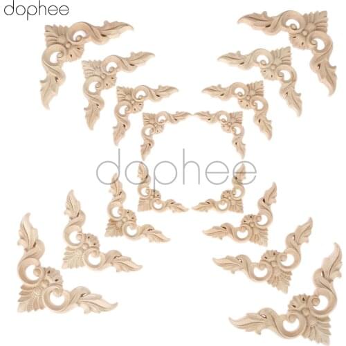 Dophee 4pcs Vintage Unpainted Wood Carved Decal Corner Onlay Applique Frame For Home Furniture Wall Cabinet Door Decor