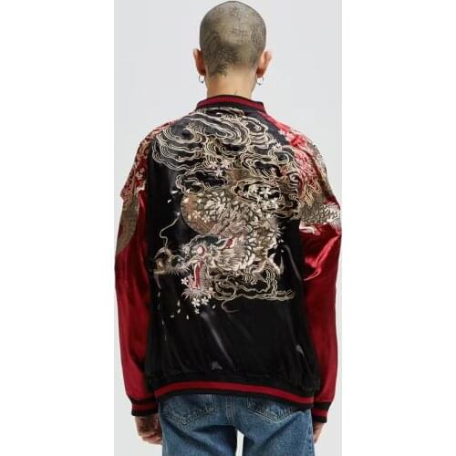 Yokosuka Dragon Embroidered Reversible double-sided Jackets Coats Streetwear Japan Style Sakura Cloud Pockets Long Sleeve
