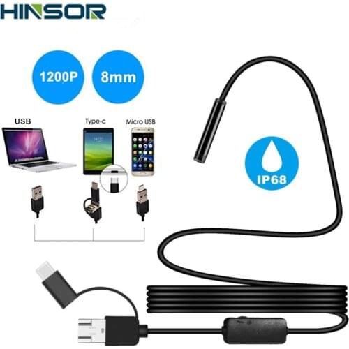 8mm 3-in-1 Endoscope Camera 1200P HD Type-C Micro USB Waterproof IP68 Borescope Tube Inspection Camera for Phone for Android