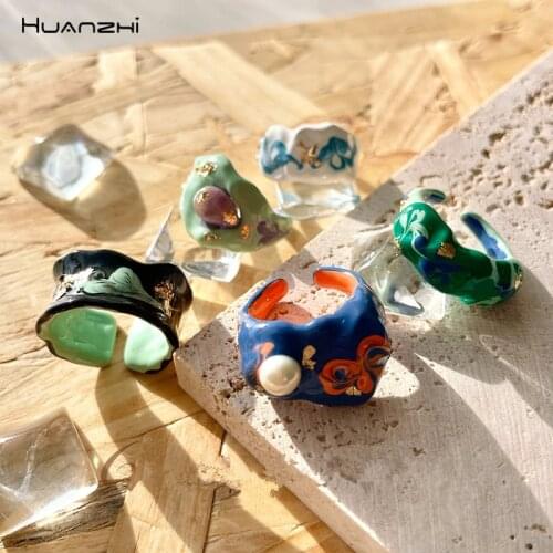 HUANZHI 2021 New Colorful Dripping Oil Rings Natural Pearl Hand-Painted Geometric Open Ring for Women Girls Party Jewelry Gift