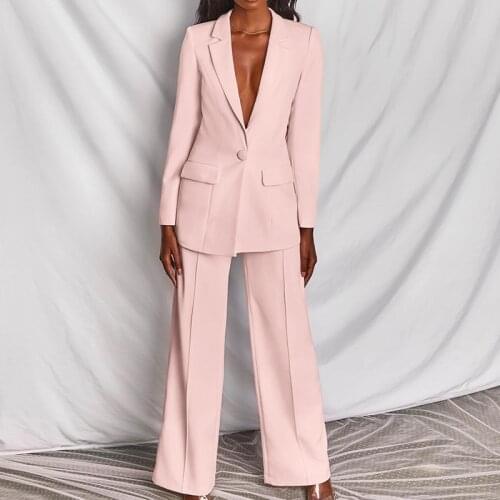 New Pink Yellow Blazer Pants Set Two Piece Womens Business Suit Blazer Set Office Ladies Solid Colors Formal Suits with Buttons
