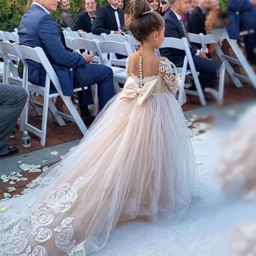 FashionMia Ivory White Puffy Tulle Lace Ball Gown Flower Girl Dresses Long Sleeve Princess Illusion Wedding Party with Bows
