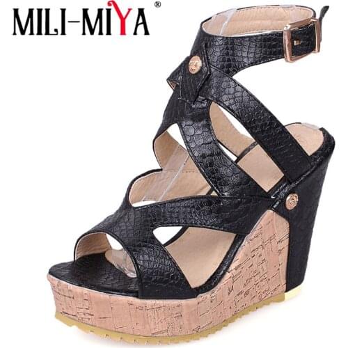 MILI-MIYA Pu Leather Gladiator Sandals Wedges Shoes Woman High Heels 9 Cm Casual Platform Sandals Summer Ladies Shoes Big Size