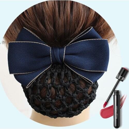Fashion Contrast Women Hair Clip with Hair Net Bag Bank Hotel Staff Flight Attendant Ladies Bow-knot Hairclips Net Hairpin