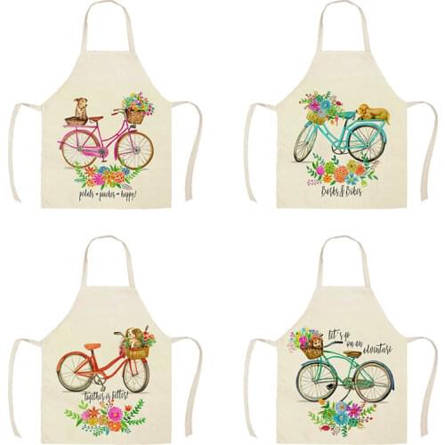 Fashion Bicycle Flower Butterfly Kitchen Apron for Women Home Cooking Baking Coffee Shop Cotton Linen Cleaning Aprons WQT136