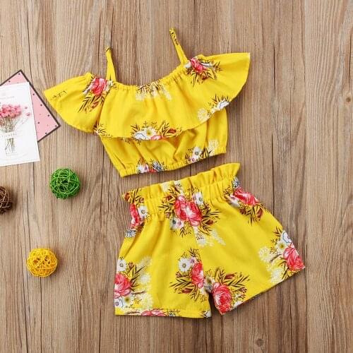 Fashion Toddler Kid Baby Girl set clothes Floral ruffles off shoulder Tank Tops+Short Pants 2Pcs set clothes