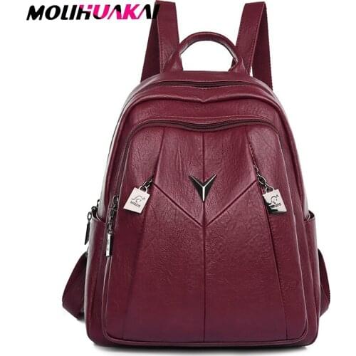 MOLIHUAKAI Casual Women Leather Backpack Female Large Capacity School Bag Shoulder Bags for Women Daypack Girls Travel Backpack