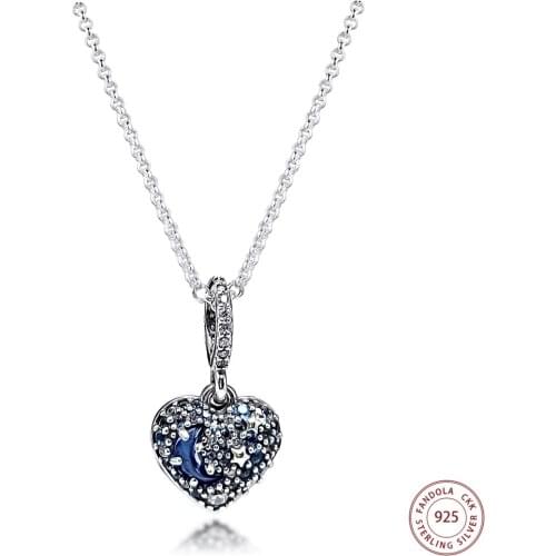 Genuine 925 Sterling Silver Sparkling Blue Moon & Stars Heart Necklaces for Women 50CM Necklace Jewelery Gift Pendentif 2020
