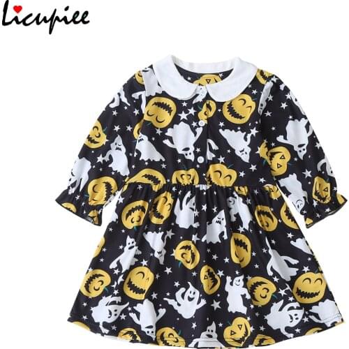 Halloween Baby Girl Dresses Pumpkin Print Dress for Party Long Sleeve Peter Pan Collar A-line Princess Dress Child Girl 1-6 Year