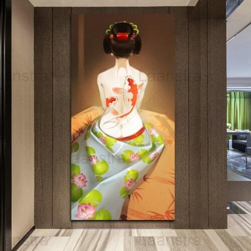 Japanese Style Anime Poster Decoration Canvas Painting Woman Kimono Back View Koi Lotus Decoration Home Restaurant Hotel WallArt