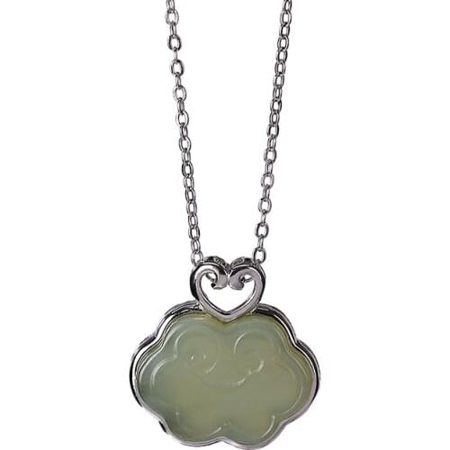 S925 sterling silver natural Hetian gray jade pendant vintage graceful personality Ruyi ladies clavicle chain pendant