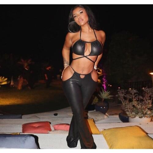 Sexy Lady 2 Pcs Set Women Crop Top Pu Pants Suits Club Outfits Party Night Tracksuit Fashion Two Piece Matching