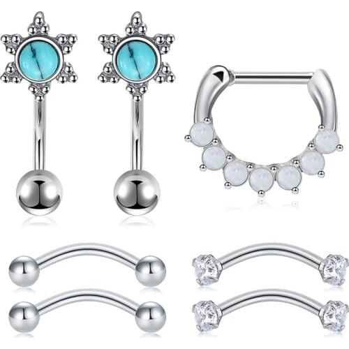 16G hook earrings, -colored zircon opal segments, curved, barbell, daisy, conch, cartilage, earrings, eyebrow piercing